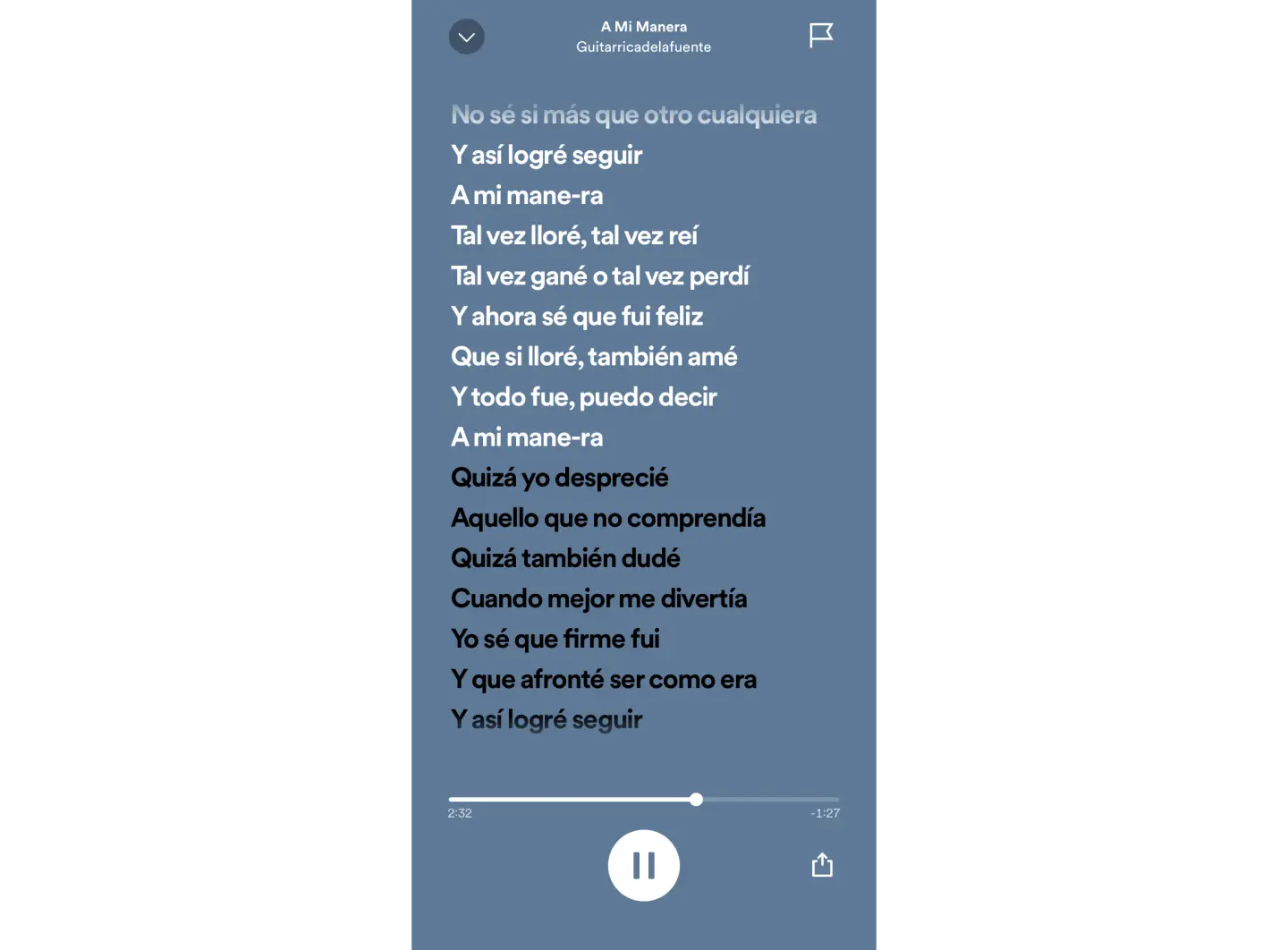 Screenshot of A mi manera lyrics from Spotify
